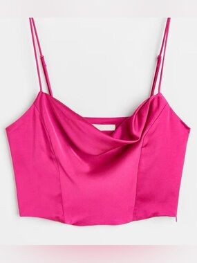 H&M Hot Pink Satin Cowl Neck Cropped Cami Corset Top
